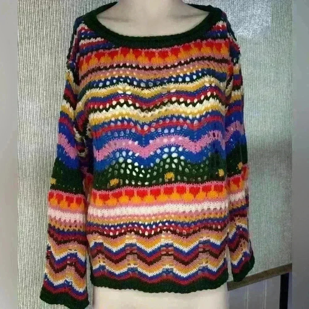 Western Chevron patterned crochet sweater with rolled neck. Size: S Bell sleeves